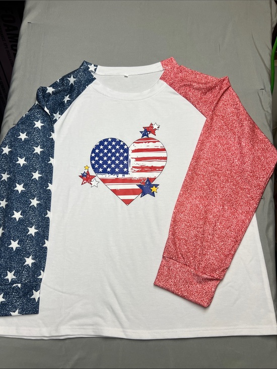 none Tops - Patriotic Heart Raglan Long Sleeve Tee - White, Red & Blue